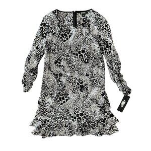 NWT DKNY Black White Leopard Print Silk Blend Ruffled Tiered Mini Dress Size 4